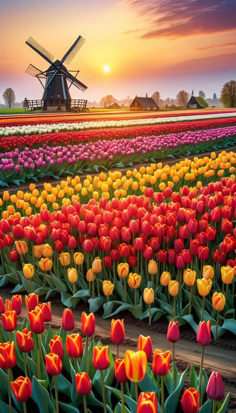 realistic landscape, Dutch field of colorful tulips, wooden windmill in the distance, beautiful sunrise over tulip field, intricate details, vibrant colors, natural lighting, (best quality,8k,highres,masterpiece:1.2),ultra-detailed,(realistic,photorealistic,photo-realistic:1.37),HDR,UHD,studio lighting,ultra-fine painting,sharp focus,physically-based rendering,extreme detail description,professional,vivid colors,bokeh,landscape