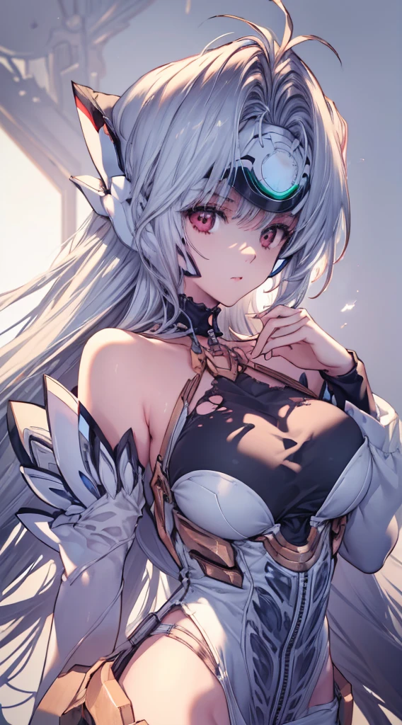 (((Masterpiece))), (portrait), diffused light, dynamic shadows, sharp focus, realistic, detailed, highres, absurdres, anatomically correct, seductive face, white background, torn clothes, looking to the side, black choker, belly button, medium breast
