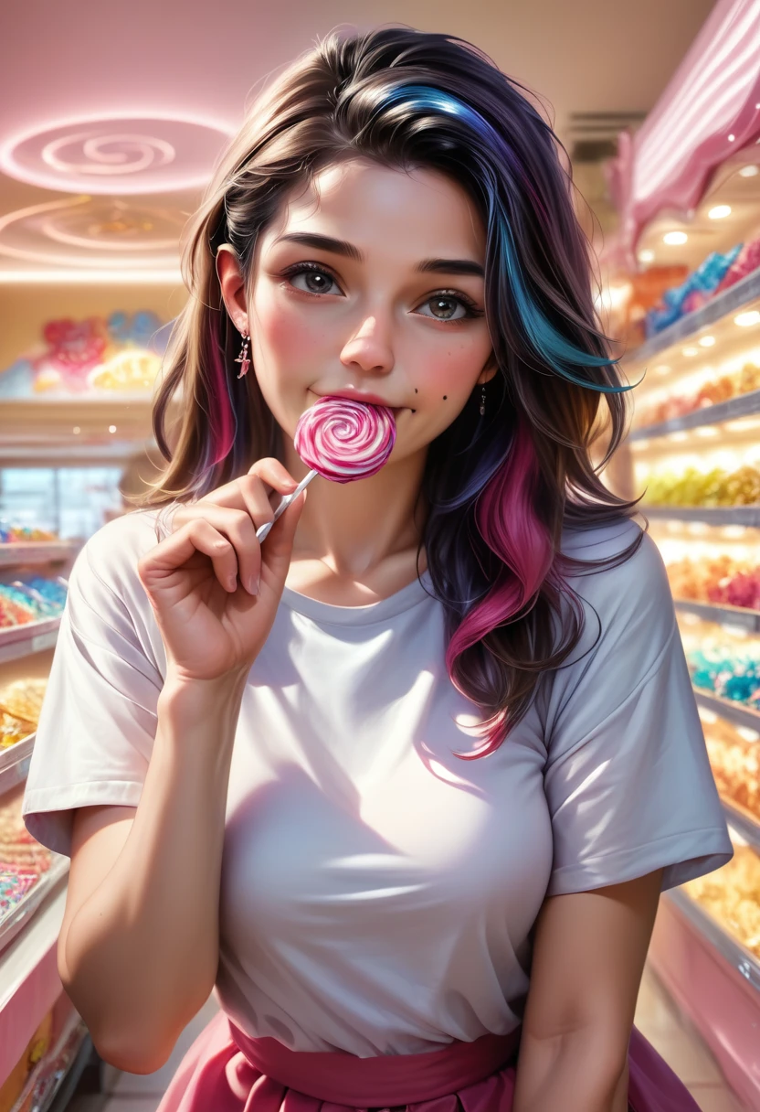 plano general, cuerpo entero:1.5, ((A beautiful young woman eating candy:1.7, in a beautiful candy shop - 1.7)) , modern hairstyle, modern colorful clothing, (best quality, 4k, 8k, high resolution, masterpiece: 1.2), ultra detailed, (realistic, photorealistic, photorealistic: 1.37), intricate details, delicate facial features, warm lighting, vibrant colors, candy shop interior, colorful candy display, cheerful expression, dynamic pose, anatomically correct:1.5,negativeXL_D