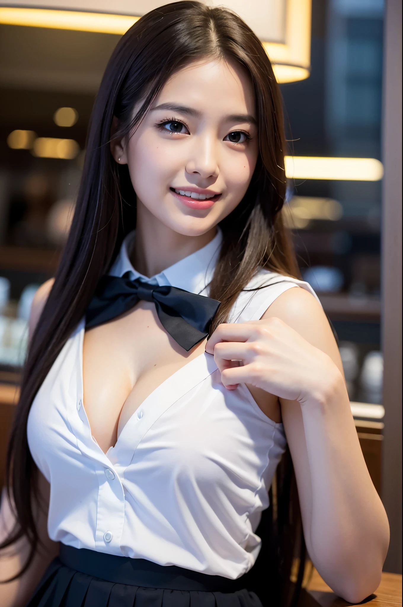 8k, RAW Photos, Highest quality, Tabletop: 1.2), (Realistic, Photorealistic: 1.37), Very detailed, 1 high school girl, Super Beauty(Like the real thing), alone, Beautiful detailed sky, Detailed Coffee, night, Sitting in the store, (Big smile: 1.1), Long brown hair　Medium chest, Beautiful detailed eyes, (Collared shirt: 1.1), A bow tie, Pleated skirt, Beautiful expression　Ultra-high resolution,Ultra-Realistic Skin,masterpiece,Highest qualityのPhotorealisticなRAW Photos。Bright colors,Rich colors, Backlight, Cinema Lighting, Film Grain, 50mm lens, Nikon D850,Beautiful expression,Fantasy art,Character Art,View your viewers,Top view,,Accentuate your cleavage,Dynamic pose,