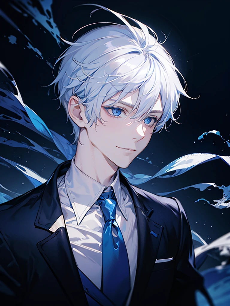 boy, blue eyes, white short wavy hair, cool boy, handsome boy. sadistic smile. noble