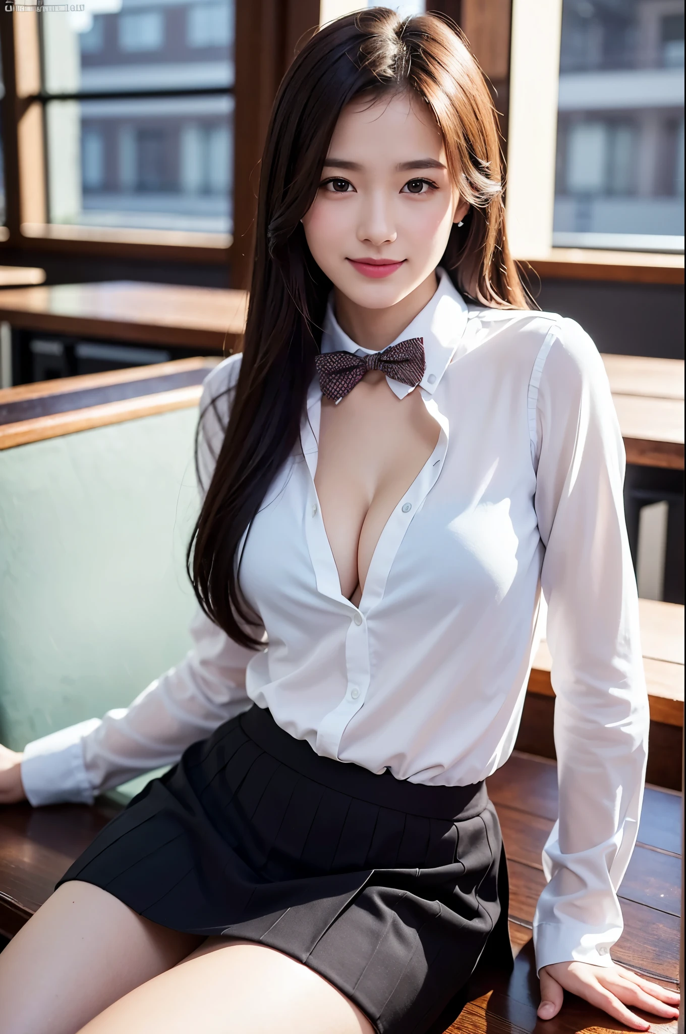 8k, RAW Photos, Highest quality, Tabletop: 1.2), (Realistic, Photorealistic: 1.37), Very detailed, 1 high school girl, Super Beauty(Like the real thing), alone, Beautiful detailed sky, Detailed Coffee, night, Sitting in the store, (Big smile: 1.1), Long brown hair　Medium chest, Beautiful detailed eyes, (Collared shirt: 1.1), A bow tie, Pleated skirt, Beautiful expression　Ultra-high resolution,Ultra-Realistic Skin,masterpiece,Highest qualityのPhotorealisticなRAW Photos。Bright colors,Rich colors, Backlight, Cinema Lighting, Film Grain, 50mm lens, Nikon D850,Beautiful expression,Fantasy art,Character Art,View your viewers,Top view,,Accentuate your cleavage,Dynamic pose,