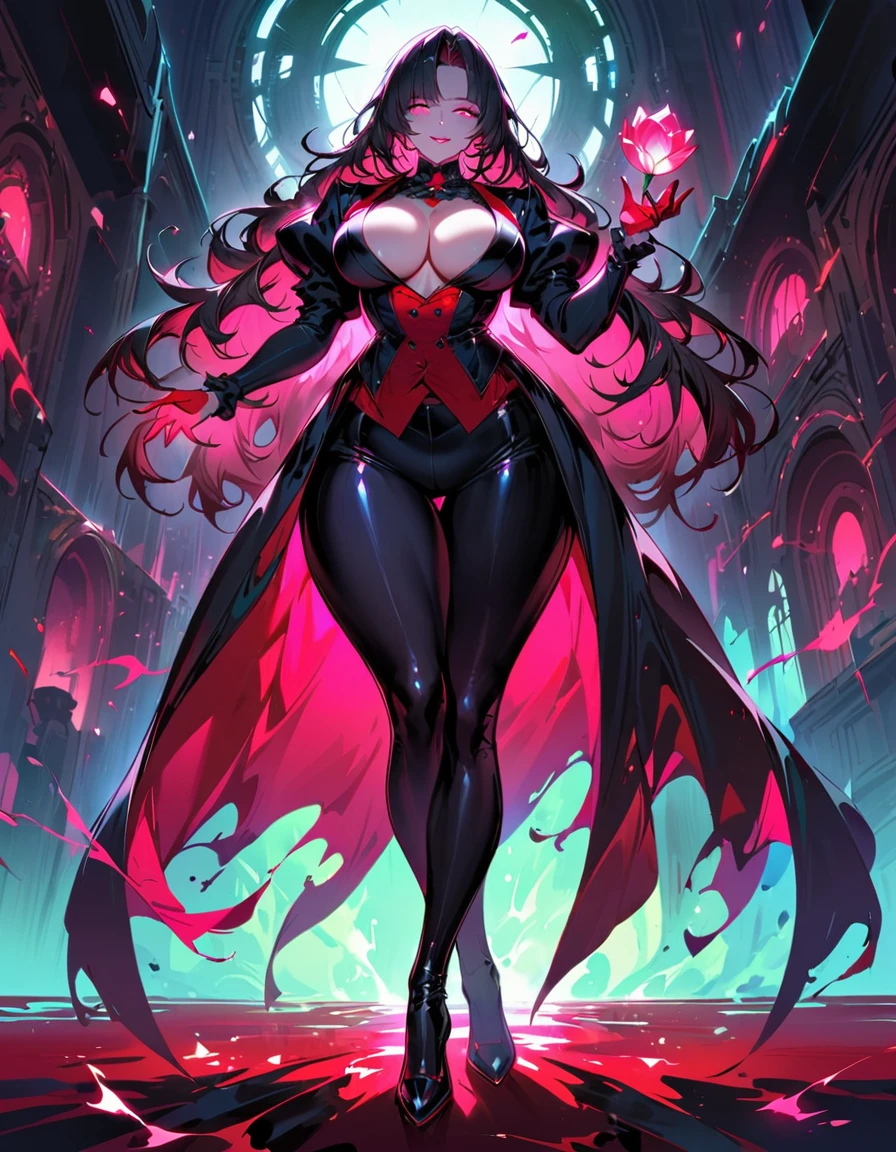 Mature beautiful woman,(Highest quality,Extremely detailed depiction,Incredibly absurd high resolution,Anatomically accurate depiction,Curvy Legs),(Glowing Skin,Shiny skin),(Royal suit,Butler-style outfit,Tight fit),eyelash,Flashy makeup,eye shadow,Glowing pink eyes,Half-closed eyes 1.3,There is cleavage in the chest,Glossy red lipstick,Shadowed face,A seductive smile,whole body,Standing posture,Holding a glass tulip in her hand:1.5