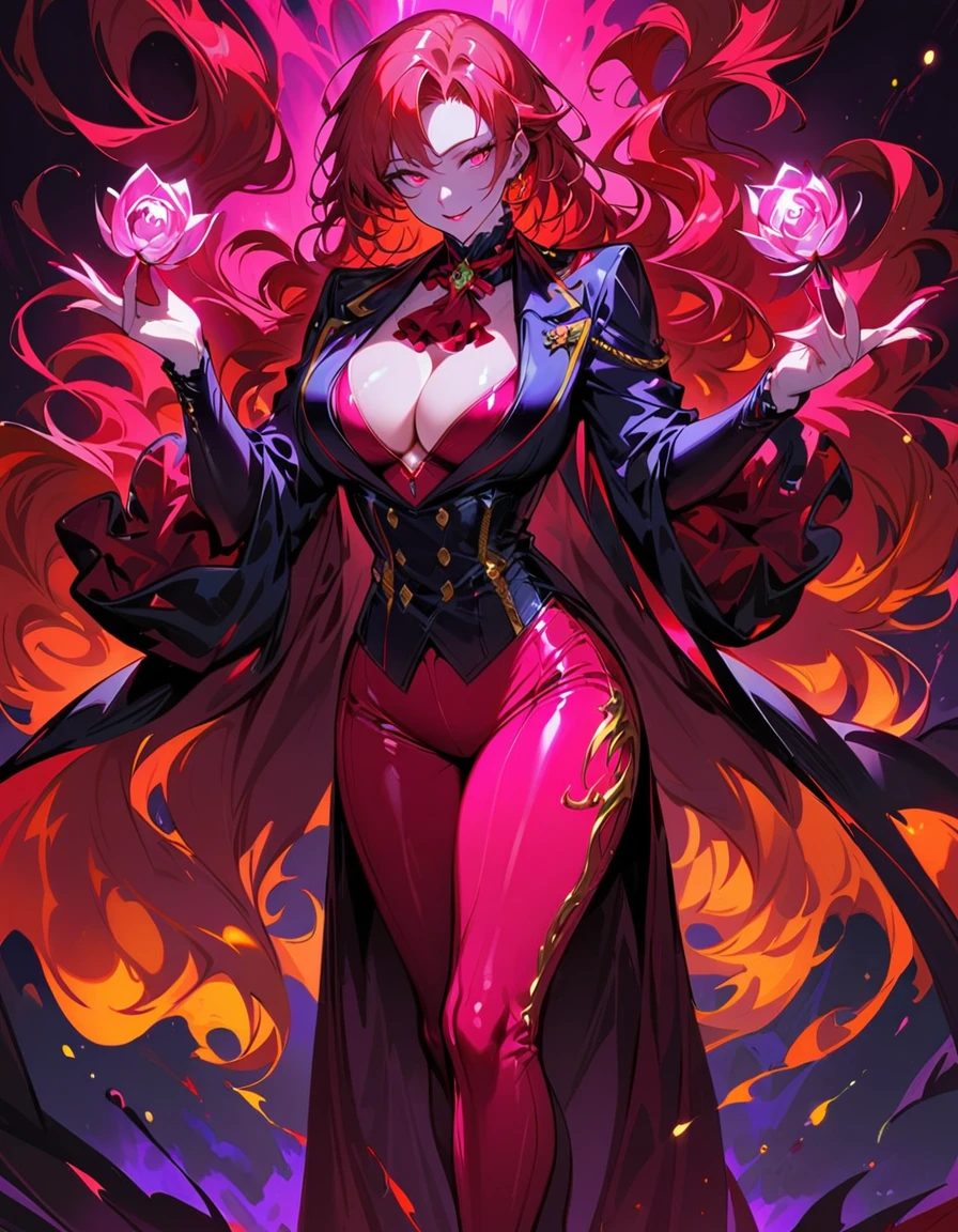 Mature beautiful woman,(Highest quality,Extremely detailed depiction,Incredibly absurd high resolution,Anatomically accurate depiction,Curvy Legs),(Glowing Skin,Shiny skin),(Royal suit,Butler-style outfit,Tight fit),eyelash,Flashy makeup,eye shadow,Glowing pink eyes,Half-closed eyes 1.3,There is cleavage in the chest,Glossy red lipstick,Shadowed face,A seductive smile,whole body,Standing posture,Holding a glass tulip in her hand:1.5