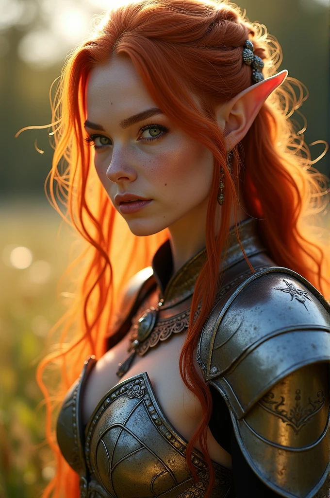 Masterpiece, a beautiful female elf knight (Nata Lee), bright eyes, red hair, broad shoulders, strong body, high detail pale skin with light freckles, high detail filigree armor, outside, (skin texture:1.1), best quality, ultra high res, Raw photo, Nikon D850, backlight, rimlight, bright sunlight, film grain:1.2, (warm hue, warm tone:1.2), (color photo), fantasy landscape background