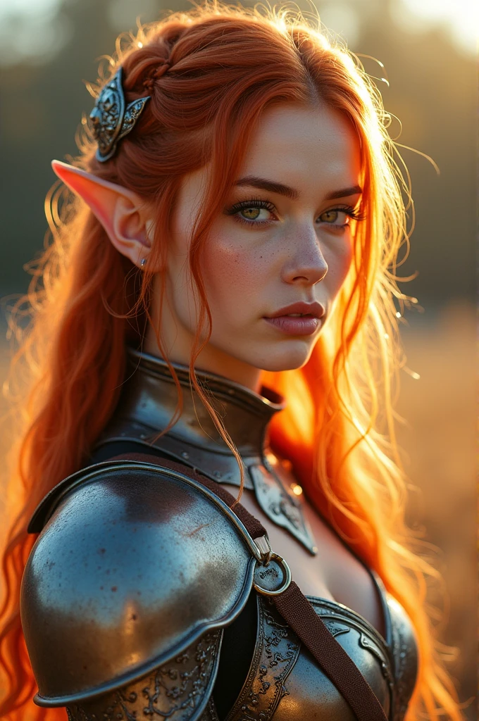 Masterpiece, a beautiful female elf knight (Nata Lee), bright eyes, red hair, broad shoulders, strong body, high detail pale skin with light freckles, high detail filigree armor, outside, (skin texture:1.1), best quality, ultra high res, Raw photo, Nikon D850, backlight, rimlight, bright sunlight, film grain:1.2, (warm hue, warm tone:1.2), (color photo), fantasy landscape background
