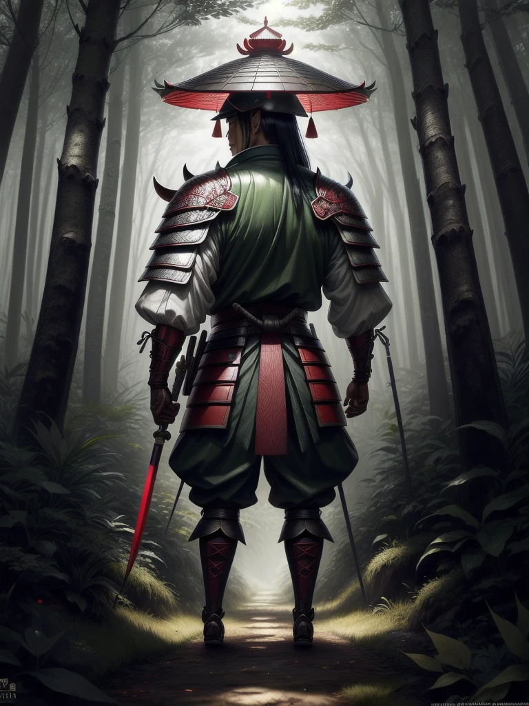 Japanese sward men wearing Asian hat, in a forest, full body, looking back (hyper detailed eyes, hyper detailed face), 16k, 8k, RAW photo, best quality, masterpiece, high detail RAW color photo, dramatic lighting, cinematic lighting, back light, professional lighting