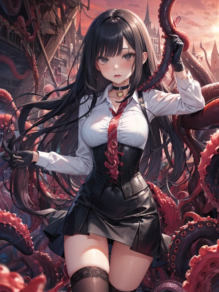 A girl、big breasts，black eyes, many details、pretty girl，largeeyes, long black hair. The background is complex、The face is close to the audience, blush rojo, frustration expression, show teeth, milky, choker:1.6, (white long sleeve button down collar shirt), black gloves, gloves that cover hands, (black leather corset), (black miniskirt), Giant octopus catches the maiden、long dress，The tentacles grab the arm.，The tentacles wrap around the crotch.、tentacles grasp the buttocks、tentacles grasp the legs，underwater、20+tentaculata，There are many smaller eyes on the tentacles.，black castle background，octopus tentacles，The tentacles are covered with eyes.，tentacles wrap maiden，many detailss，dark castle background，Black lingerie stockings，tentacles wrap around the body，The body is wrapped in many tentacles.，A large amount of colored mucus.，bust，Face close to the camera .，adolescente bonita imprisoned in the ruins of a building, wind, bright red sky、see the viewer, Lens flare,dramatic, Bruises all over the body.、tentacles, tentacle sex, vaginal, legs tied with tentacles, arms tied to tentacles, Tentacle shackles arms, blush,