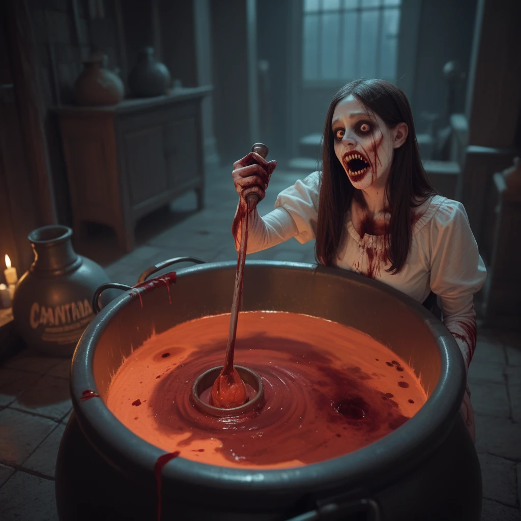 Cannibal princess is boiled in a huge cauldron, blood, horror