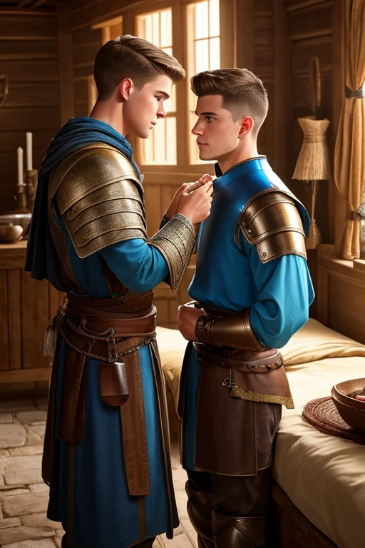 Photo-realistic. A pleased, 16-year-old, handsome, muscular Caucasian man with fade-cut, brown hair, and blue eyes, wearing shabby, sleeveless, leather armor, with metal shoulder guards, boasting, as he tells a dramatic story to a 15-year-old, lean, Caucasian peasant man, with short, brown hair, and blue eyes, in a blue and green tunic, listening in wonder, sitting next to each other on a simple bed, in a rustic inn room, at night.