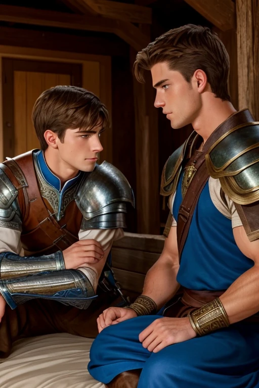 Photo-realistic. A pleased, 16-year-old, handsome, muscular Caucasian man with fade-cut, brown hair, and blue eyes, wearing shabby, sleeveless, leather armor, with metal shoulder guards, boasting, as he tells a dramatic story to a 15-year-old, lean, Caucasian peasant man, with short, brown hair, and blue eyes, in a blue and green tunic, listening in wonder, sitting next to each other on a simple bed, in a rustic inn room, at night.