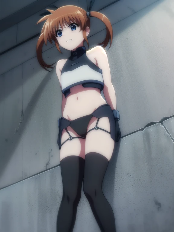 nanohatakamachi, Nanoha Takamachi, takamachi nanoha, Brown Hair, Twin tails, blue eyes,
prison, concrete wall, concrete floor, bare shoulders, femdom, dominatrix, black bustier, black stockings, black g-string, black high heels, black garter belt, black elbow gloves, looking at viewer, ((evil grin)), boy lying on floor, female standing, (((((from below))))), ((((looking down)))),