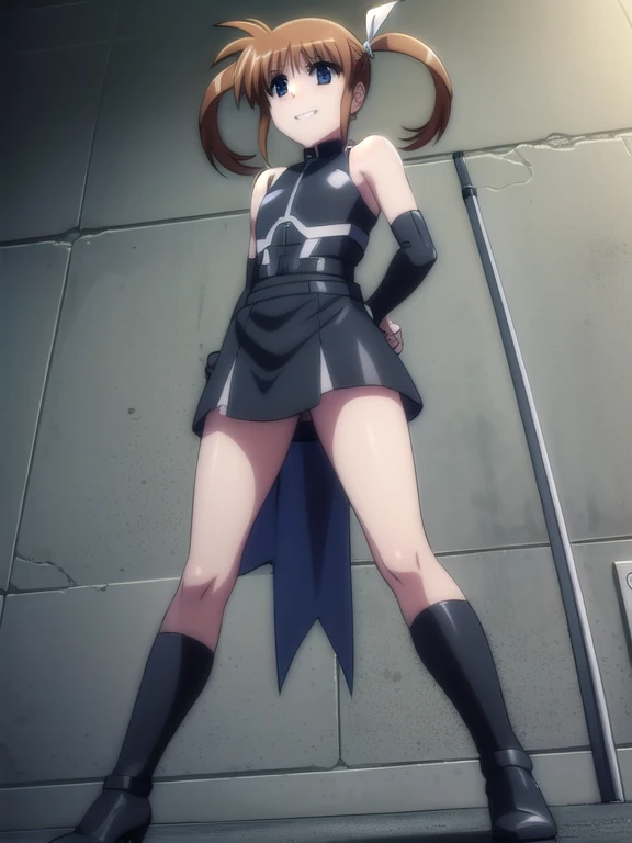 nanohatakamachi, Nanoha Takamachi, takamachi nanoha, Brown Hair, Twin tails, blue eyes,
prison, concrete wall, concrete floor, bare shoulders, femdom, dominatrix, black bustier, black stockings, black g-string, black high heels, black garter belt, black elbow gloves, looking at viewer, ((evil grin)), boy lying on floor, female standing, (((((from below))))), ((((looking down)))),