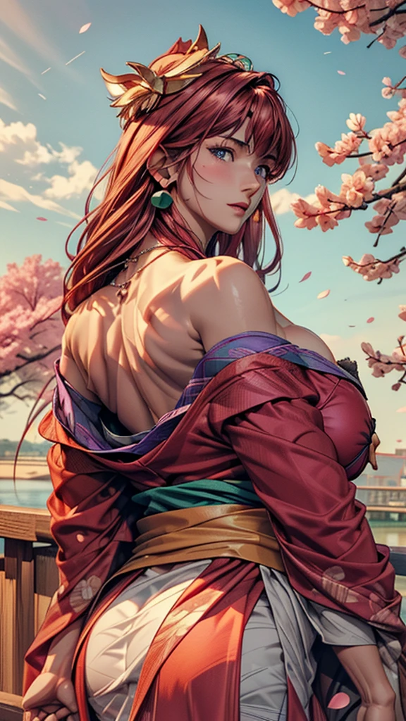 nsfw, (8K, RAW photo, highest quality, masterpiece:1.2、RAW photo)、portrait, ((solo;1.3)), nami \(one piece\), round green earrings, High resolution RAW color photos, professional photos、(Angle from a long distance:1.1)、(Turn around:1.2)、super resolution, (reality, real photos:1.3), Angle from a long distance、super detailed pussy, very detailed and beautiful, very detailed, amazing details、(cute beautiful woman with perfect body:1.4)、fit toned athletic body, full body image, amazing details、cute beautiful woman with perfect body:1.4、shiny skin、glossy lips、High-definition face and skin texture、brown eyes, fine eyes、double eyelid、very detailed、orange Hair、long hair、(High definition breasts、happy expression)、(necklace)、(((naked except for green and blue off-the-shoulder kimono:1.3, bare naked rounded ass))), on bridge overlooking cherry blossom lined river, Japanese castle looming on the horizon
