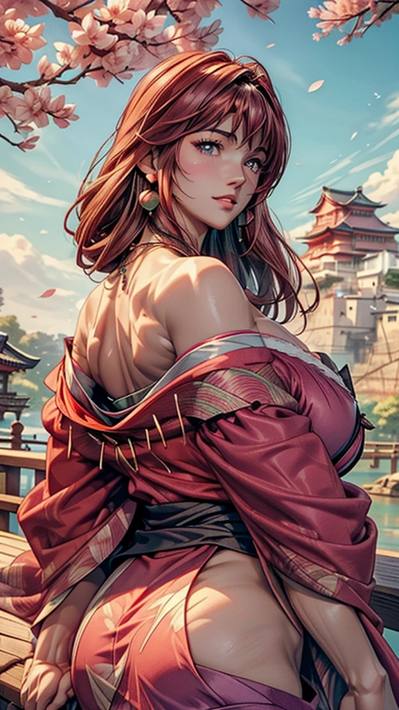(digital painting), (best quality), Depicting a scene on top of the mountain. A sexy and slender woman, tall and beautiful. He has long, flowing hair, a beautiful face, and piercing blue eyes. Her outfit accentuates her slender figure. Behind it, there is a stunning mountain landscape with stunning views and a clear blue sky. The atmosphere is mysterious and captivating, with a digital painting aesthetic, Ukiyo-e art style, Hokusai inspiration, Deviant Art popular, 8k ultra-realistic, pastel color scheme, soft lighting, golden hour, tranquil atmosphere, landscape orientation