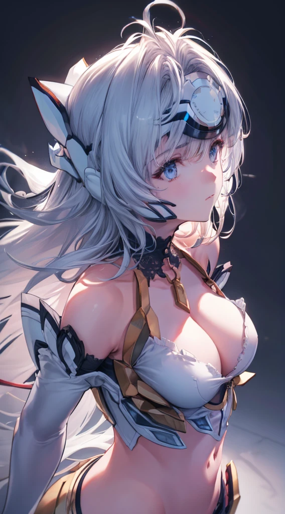 (((Masterpiece))), (portrait), diffused light, dynamic shadows, sharp focus, realistic, detailed, highres, absurdres, anatomically correct, seductive face, white background, torn clothes, looking to the side, black choker, belly button, medium breast