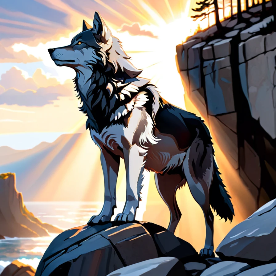 Photo of a majestic gray wolf standing proud on a rocky cliff, with sunlight streaming through the clouds behind her, creating a stunning silhouette against the sky that captures the essence and strength