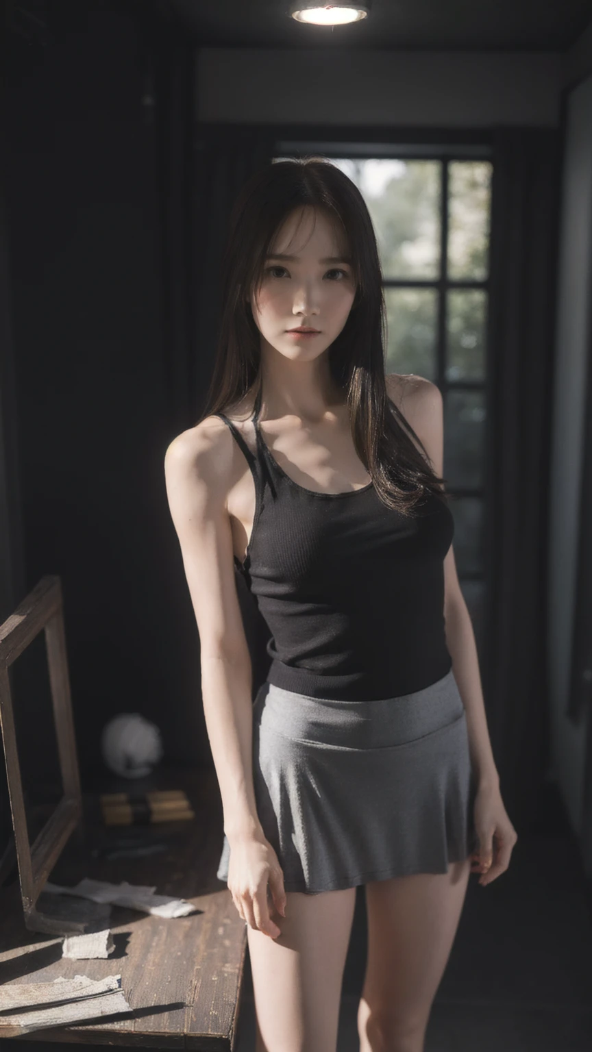 1girl, woman, masterpiece, best quality, highest quality, cinematic lighting, (volumetric lighting), extremely detailed CG unity 8k wallpaper, focused, 8k wallpaper, extremely detailed, ultra realistic, photorealistic, sharp focus, absurdres, (HDR:1.2), (high contrast), photograph, detailed and intricate, instagram, portrait, highly detailed, digital painting, artstation, concept art, smooth, sharp focus, illustration, cinematic lighting, (natural big breast), black short skirt, eyes looking at the viewer, ((medium shoulder)), (skinny legs), (slender body), (((height 163cm))), (HQ skin:1.4, Realistic human body structure), (Full body:1.4), (aerial shot photo), (wearing knit tank top, short skirt), (real skin of thighs), long hair