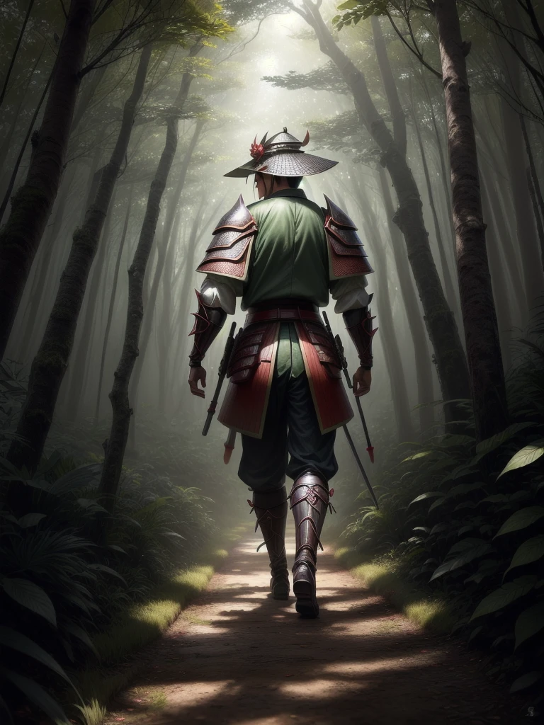 Japanese sward men wearing Asian hat, in a forest, full body, looking back (hyper detailed eyes, hyper detailed face), 16k, 8k, RAW photo, best quality, masterpiece, high detail RAW color photo, dramatic lighting, cinematic lighting, back light, professional lighting