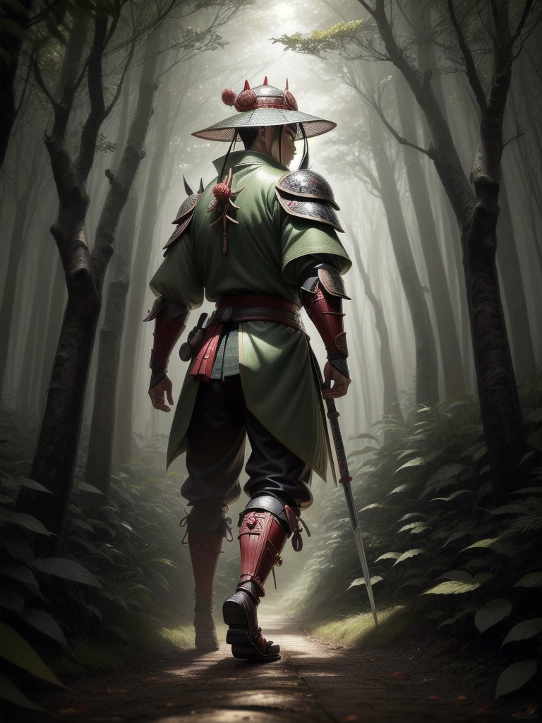 Japanese sward men wearing Asian hat, in a forest, full body, looking back (hyper detailed eyes, hyper detailed face), 16k, 8k, RAW photo, best quality, masterpiece, high detail RAW color photo, dramatic lighting, cinematic lighting, back light, professional lighting
