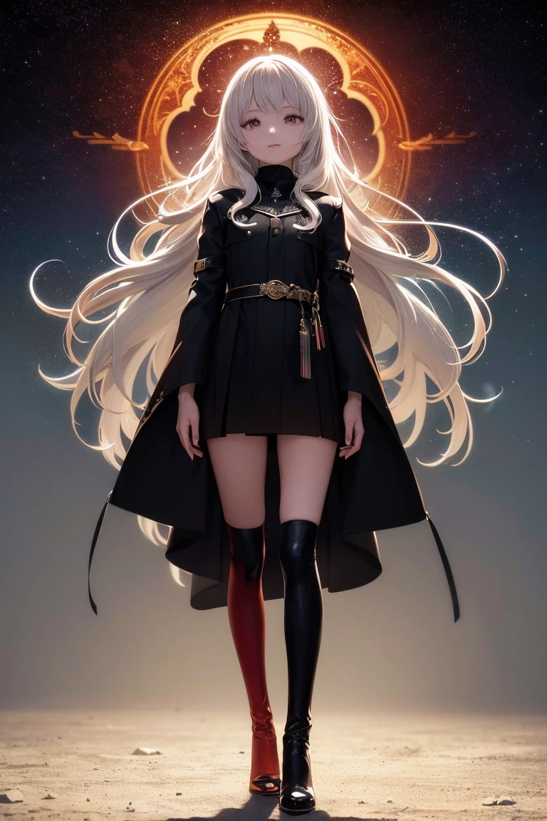 Girl with long white hair down to her waist, with small red details, red eyes, long black dress with a leg slit, with red details, long black boots up to below the knees, white skin, the ground around her is cracking and small stones are floating around her surrounded by a black aura, she is surrounded by shadows, and the background is dark like the night with the universe and stars, her presence causes fear, her shadow appears to be a monster, 8k, high quality, full body, (ultra-realistic), {extremely detailed 8k CG unit wallpaper}, expansive landscape photograph, (light: 2.0), (warm light source: 1.5), complex details, (iridescent colors: 1.5), (bright lighting), (atmospheric lighting), surreal, impressive, fantasy, (Solo: 1.2)