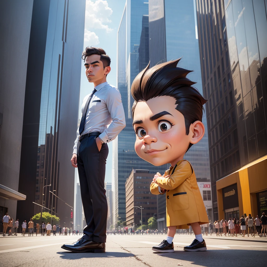 handsome man standing in front of a monas building with the background of the Indonesian monas building, caricature style, in cartoon style, big head, standing in the city center, chibi, caricature illustration, caricature!!!, caricature, digital art cartoon, cartoon art style, standing on a street corner, with a big head, realistic cartoon, caricature, on a city street, cartoon portrait