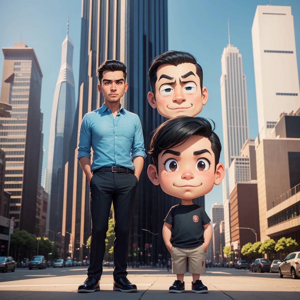 handsome man standing in front of a monas building with the background of the Indonesian monas building, caricature style, in cartoon style, big head, standing in the city center, chibi, caricature illustration, caricature!!!, caricature, digital art cartoon, cartoon art style, standing on a street corner, with a big head, realistic cartoon, caricature, on a city street, cartoon portrait