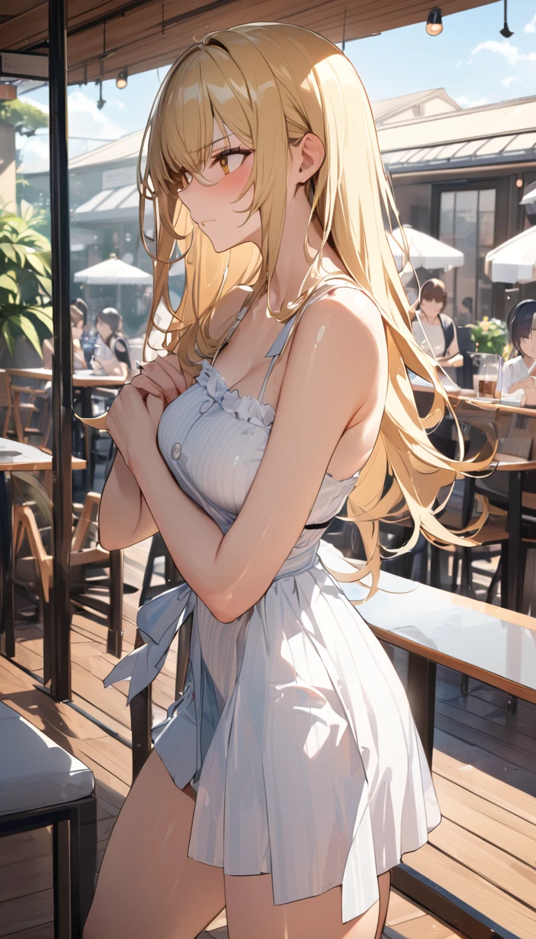 masterpiece,Highest quality,8k,Blonde,Summer clothes,Cafe Terrace,A little angry expression,Bold Pose,Face to face,Shiny hair,Glossy skin,Japanese idol model,