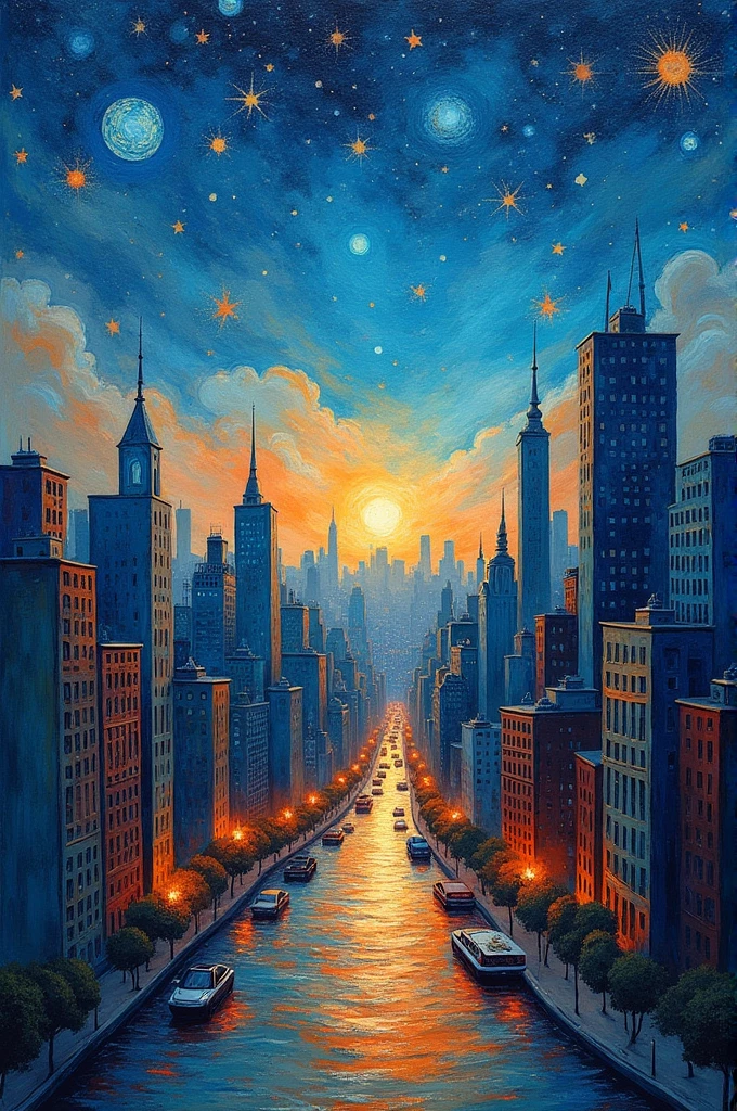 high quality, 8K Ultra HD, highly detailed, Abstraction, Oil, Sketch, Big city landscape made of starry sky, Cubism, Brush, Palette, Pigment, Stroke, Contrast, Depth, Creativity, Imagination, Ceramic, Cerulean, Vermilion, Impasto, Glaze, Grayscale, Fauvism, Renaissance, luminism, 3d render, octane render, Isometric, by yukisakura, awesome full color,