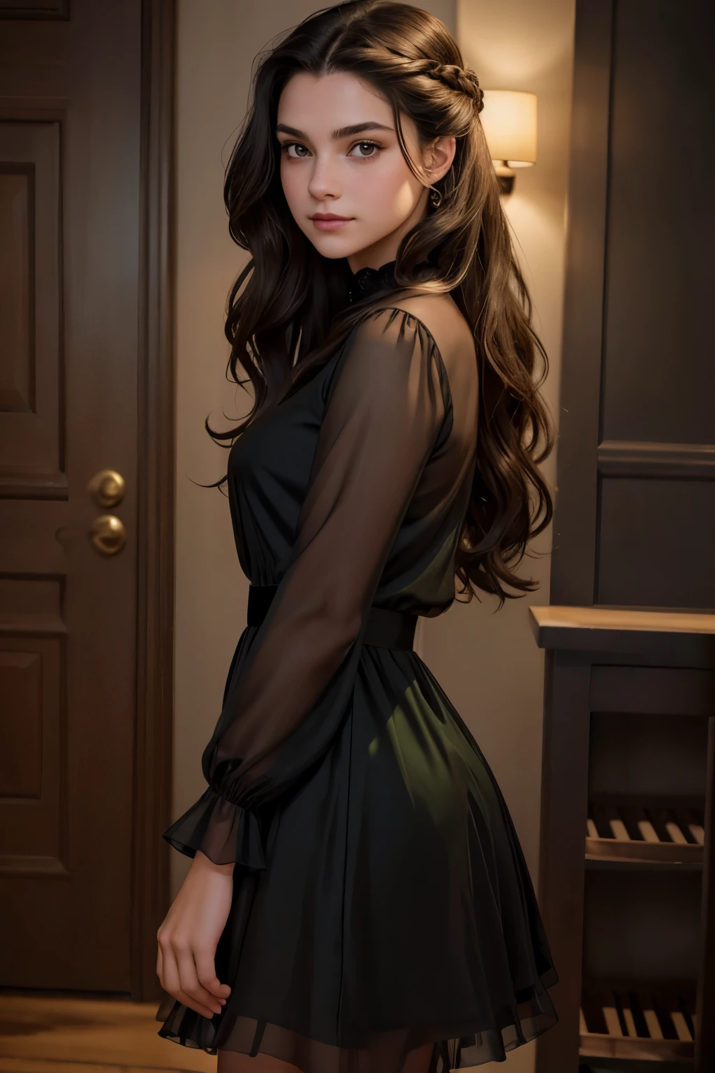 ((best quality)), ((masterpiece)), (detailed), beautiful fourteen year old girl, perfect face, calm expression, soft expression, not fully smiling, (dark brown eyes), (black eyes), photorealistic, detailed long hair, perfect lighting, (young), delicate, gentle, feminine, she is wearing a beautiful dark green and black dipped dress with long sleeves and a black sheer over the dress, she is beautiful, she is calm, photorealistic image, long black hair, dark brown sheen, clear brown eyes, clear black eyes, light freckles across her cheeks, long wavy hair, long curly hair, updo hairstyle, black eyeshadow, black lipstick, full-body length image, realistic