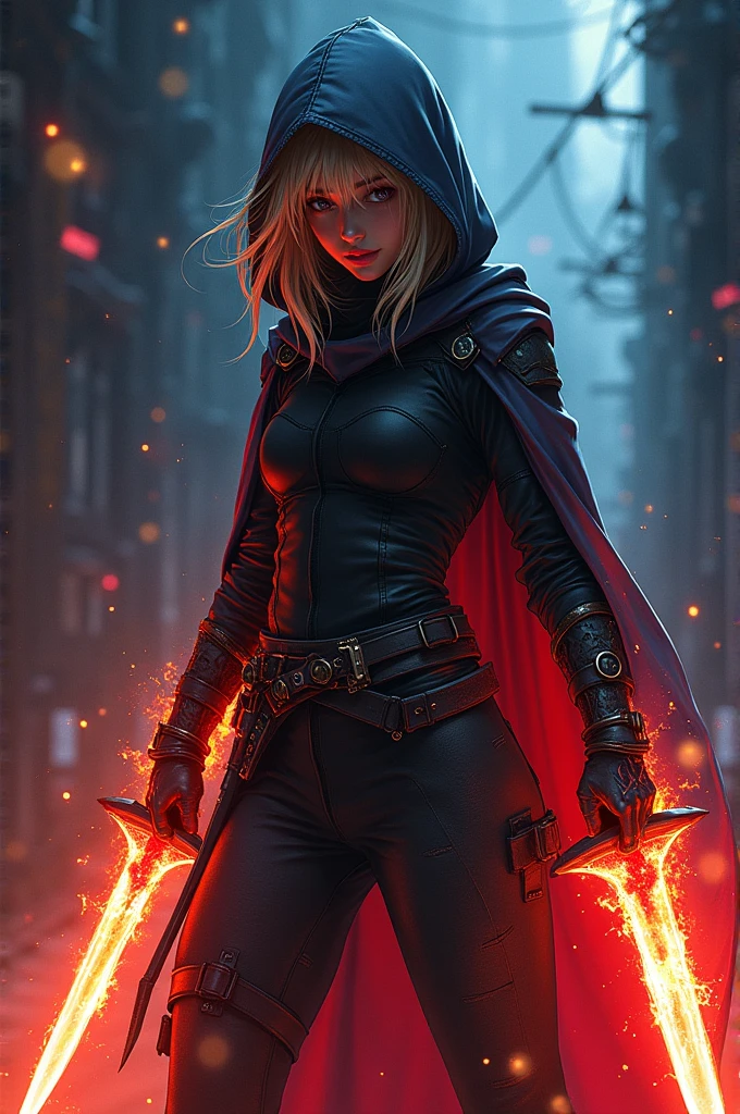 masterpiece, Rogue assassin girl, wearing a hood, blonde hair, shrouded in shadows, holding a flaming dagger in each hand, vibrant glowing abyssal colors, entirely in frame, FULL BODY, radiating electrical energy, shoulder length messy hair, Full body, Beautiful anime waifu style girl, hyperdetailed painting, luminism, art by Carne Griffiths and Wadim Kashin concept art, 8k resolution, fractal isometrics details bioluminescence , 3d render, octane render, intricately detailed , cinematic, trending on art station Isometric Centered hyper realistic cover photo awesome full color, hand drawn , gritty, realistic, intricate, hit definition , cinematic, Rough sketch, bold lines, on paper, vibrant, epic, ultra high quality model