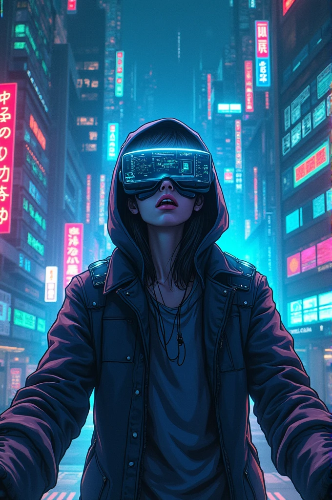 Illustration of a cyberpunk hacker in a virtual reality setting, surrounded by holographic code, futuristic UI, and virtual landscapes, Surreal Cyberpunk Art Style, Influenced by Deviantart and Ghost in the Shell anime, Camera: POV, Lens: Augmented Reality Lens, Render Style: Isometric Assets, 4K resolution, (((Cyberpunk)))