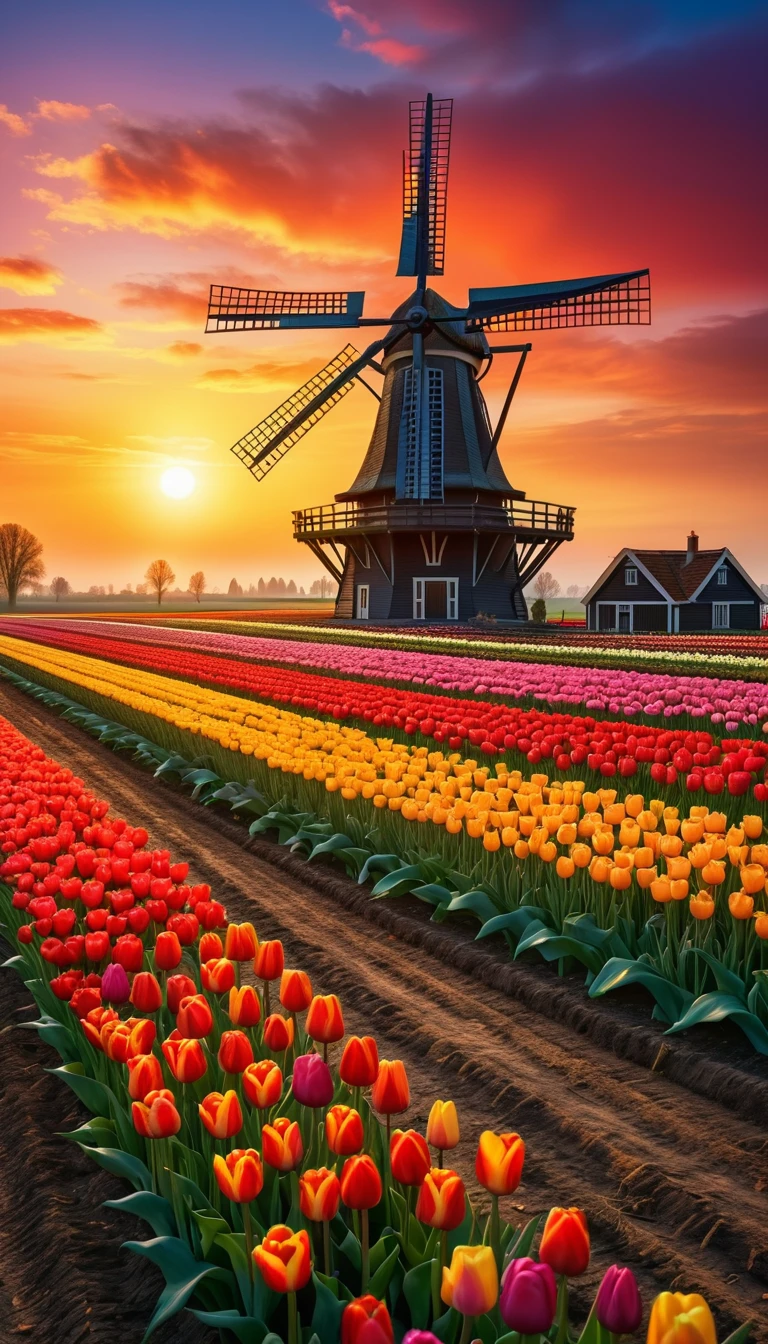 realistic landscape, Dutch field of colorful tulips, wooden windmill in the distance, beautiful sunrise over tulip field, intricate details, vibrant colors, natural lighting, (best quality,8k,highres,masterpiece:1.2),ultra-detailed,(realistic,photorealistic,photo-realistic:1.37),HDR,UHD,studio lighting,ultra-fine painting,sharp focus,physically-based rendering,extreme detail description,professional,vivid colors,bokeh,landscape