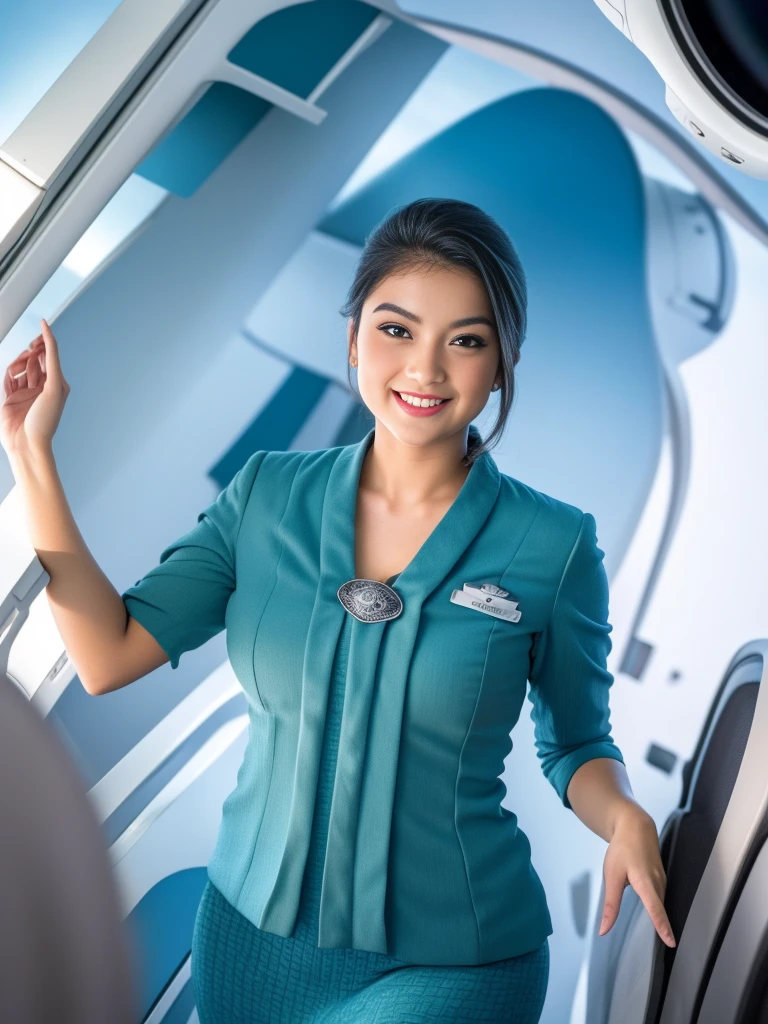 1girl, solo, 19 years old, in the middle of a large airport, seductive pose, thick medium breasts, semi-curvy body, smooth realistic skin, cute little smirk, wearing flight attendant uniform, looking at the audience, (overhead shot:1.3), (zoom-out:1.4), (8k, RAW photo, best quality, masterpiece: 1.4), (realistic, realistic: 1.37), ultra-high resolution, cowboy shot