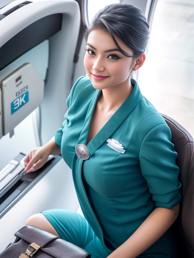 1girl, solo, 19 years old, in the middle of a large airport, seductive pose, thick medium breasts, semi-curvy body, smooth realistic skin, cute little smirk, wearing flight attendant uniform, looking at the audience, (overhead shot:1.3), (zoom-out:1.4), (8k, RAW photo, best quality, masterpiece: 1.4), (realistic, realistic: 1.37), ultra-high resolution, cowboy shot