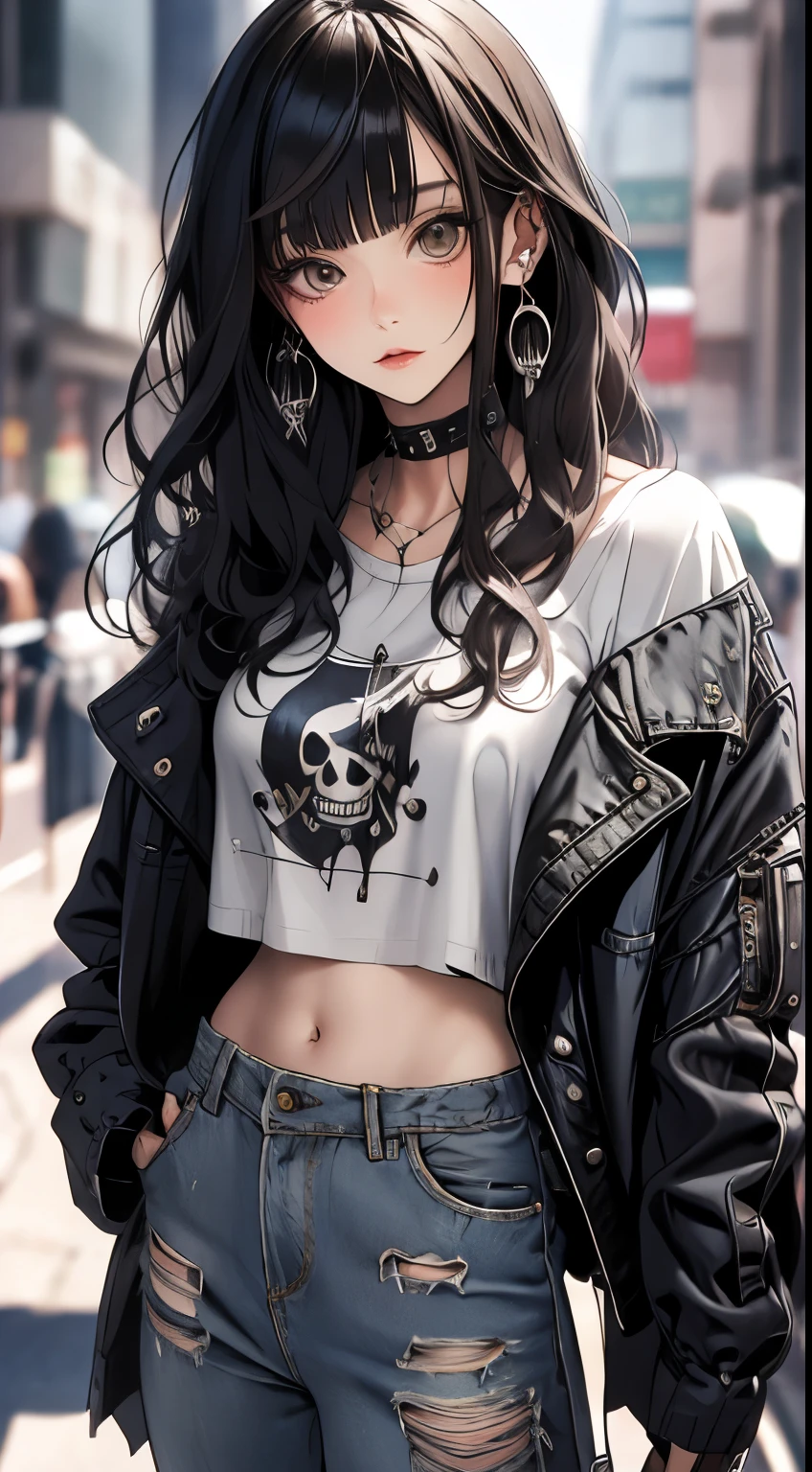 ​masterpiece, highest quality, pixiv, cooles Girl, the strongest pirate girl, Skull Fashion, dark brown hair, Curly hairs, blunt bangs, straight bangs, gray eyes, White skin, Girl, improve