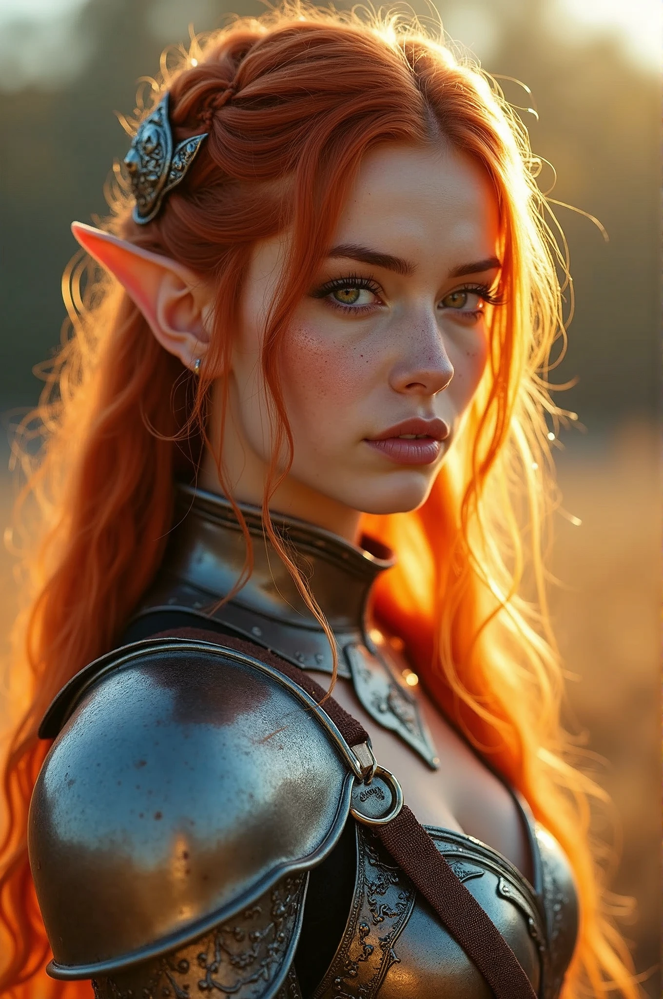 Masterpiece, a beautiful female elf knight (Nata Lee), bright eyes, red hair, broad shoulders, strong body, high detail pale skin with light freckles, high detail filigree armor, outside, (skin texture:1.1), best quality, ultra high res, Raw photo, Nikon D850, backlight, rimlight, bright sunlight, film grain:1.2, (warm hue, warm tone:1.2), (color photo), fantasy landscape background