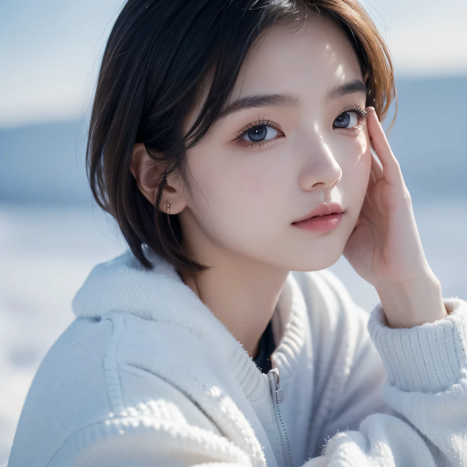 girl,blue sky,peaceful,atmopshere,close up,drawing, winter,fluffy y2k, pose,cute,short hair