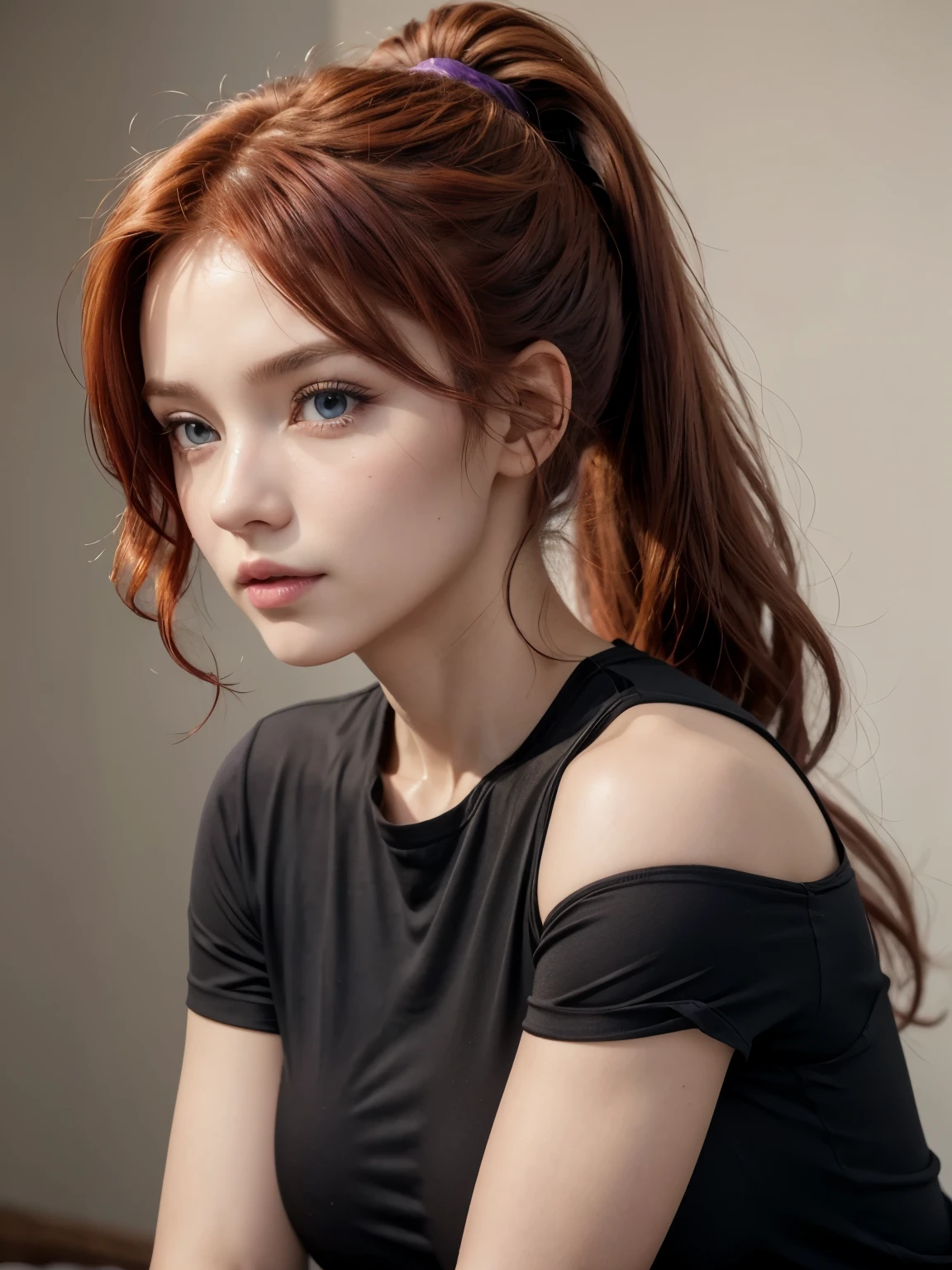 woman, redhead, bright violet eyes, with hair in a ponytail hairstyle, hair tips curling inward, light tan skin, medium-sized breasts, defined muscles, dressed in a black shirt,