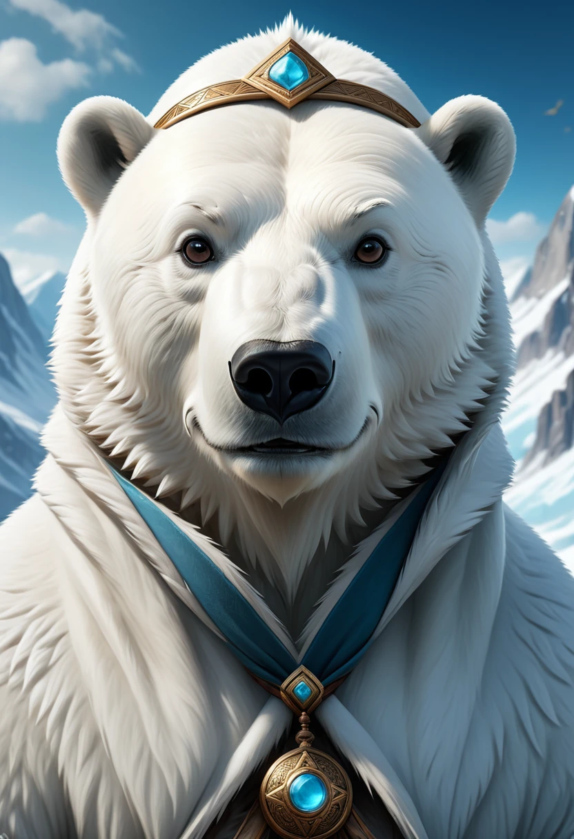 Anthropomorphic Polar Bear Mage. Official Art – An Award-Winning Digital Masterpiece In 4K Ultra HD, Extreme Detail And Intricate Realism. Symmetrical Face. This Concept Art Brought To Life By The Hands Of Artists Like Wlop & Artgerm In A Stunning 2D Vector Illustration.Background Is A Panoramic Vista.
