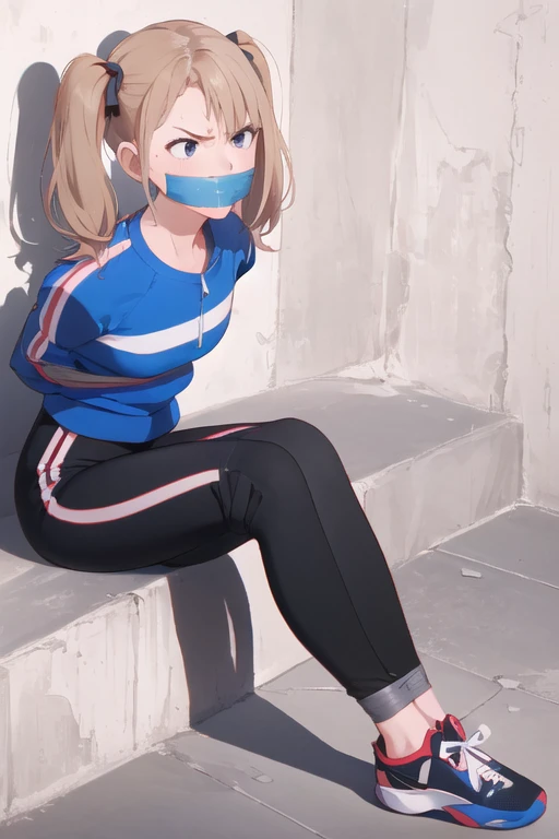 ((1 girl)), ((twin tails)), (sexy), ((simple_background)), ((concrete floor, concrete wall)), ((underground room)), ((arms behind back)), ((scowl)), ((sitting on the knees)), ((tape gag)), ((tied legs)), ((tied ankle)), ((helpless)), ((calm)), ((struggling)), (blue tracksuit,tracksuit,tights pants, long black pants)