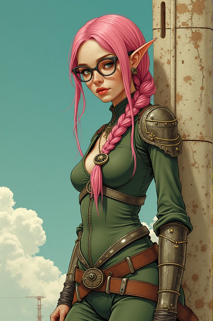 Tomer Hanuka~ H.R Giger ~ Junji Ito~ Beautiful Elf posing by a tower. with freckles and glasses and long pink hair braided, warrior. steampunk.
