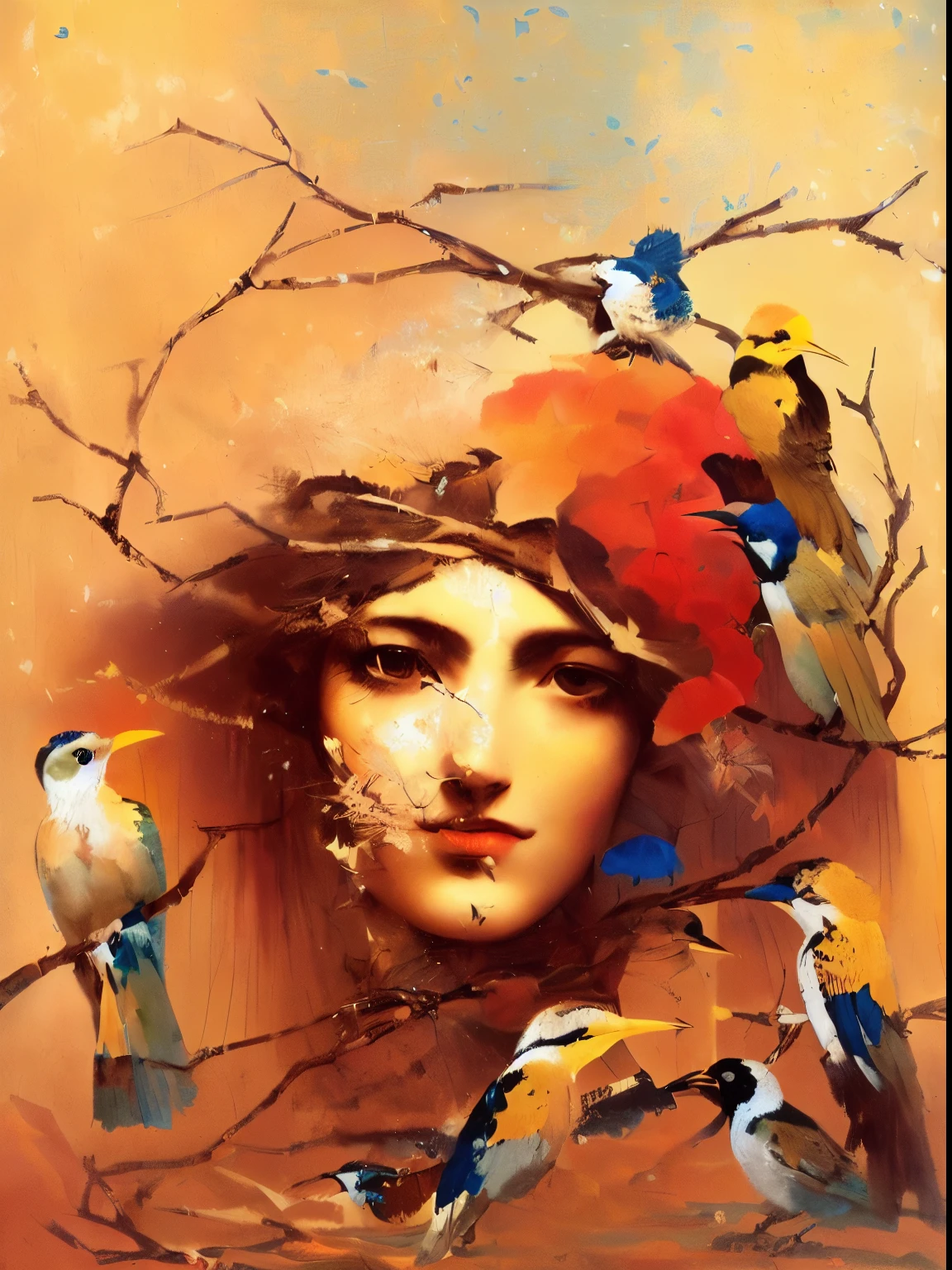 painting of a woman with birds on her head and branches, there are birds on her head, by Carlo Randanini, by Ni Yuanlu, by Wojciech Kossak, by Marcello Bacciarelli, inspired by Wojciech Kossak, by Zoran Mušič, mystical birds, by Nil Gleyen
