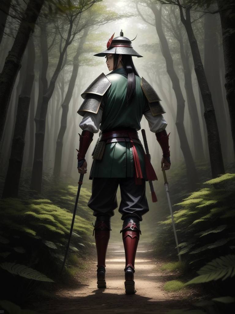 Japanese sward men wearing Asian hat, in a forest, full body, looking back (hyper detailed eyes, hyper detailed face), 16k, 8k, RAW photo, best quality, masterpiece, high detail RAW color photo, dramatic lighting, cinematic lighting, back light, professional lighting