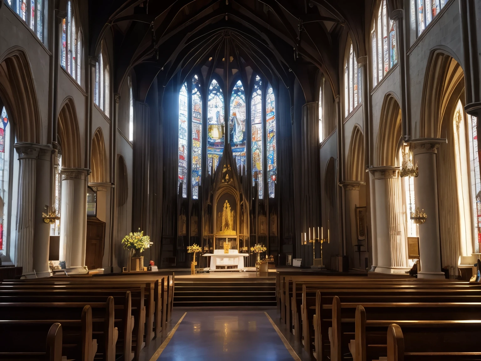 The interior of the church features a long aisle and a wide central passage leading to the altar at the end, with multiple statues of deities lined up on both sides. At the end of the aisle, there is a large altar.

Key Objects and Features in the Image:

The altar, located centrally, is adorned with intricate carvings and decorations, with colorful stained glass placed behind it.

Relative Positions and Relationships of Other Elements to the Main Object:

Wooden chairs are neatly arranged along the aisle, with several statues and candlesticks placed on both sides of the aisle.

Color Specifications:

The interior of the church is primarily made of gray and brown stone, with the floor featuring a black-and-white checkered pattern. Light in various colors filters through the stained glass behind the altar.

Character Details:

Scenes of quiet worship and meditation in the church, or special events such as weddings and concerts taking place.

Accessories and Props:

Wooden chairs along the aisle, candlesticks on the altar, and paintings or sculptures hanging on the walls.

Light Direction and Intensity:

Natural light filters through the stained glass, casting a soft glow inside. The light from the candlesticks is stronger and warmer.

Viewpoint and Angle:

The image is viewed from the front, providing a sense of length from the aisle to the altar.

Image Size and Aspect Ratio:

The image is rectangular, with a landscape aspect ratio.

Detailed Description:

The interior of the church is grand and solemn, with historical sculptures and artwork, evoking a sense of reverence in visitors.

Size and Orientation:

The image is in landscape orientation and should be presented in square or wide format.

Style and Theme:

The style recreates the interior of a classical European church, with designs influenced by the medieval or Renaissance period.

Background Information:

The church is located in a historic European city, where many significant historical events are assumed 