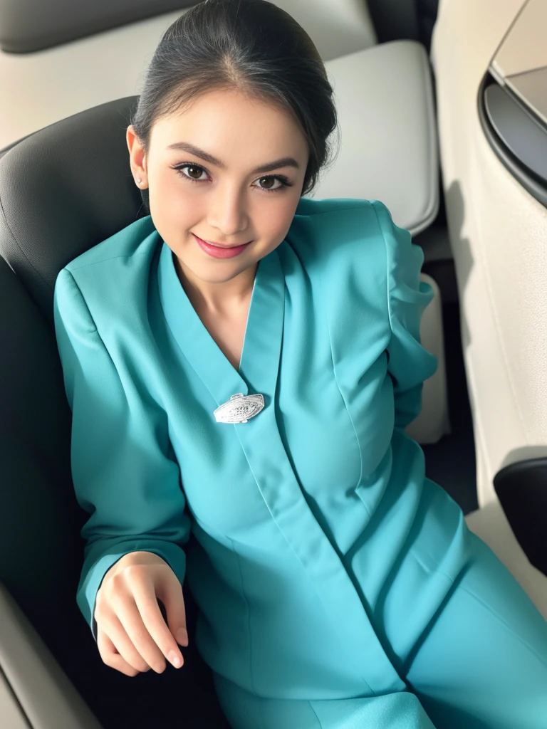 1girl, solo, 19 years old, in the middle of a large airport, seductive pose, thick medium breasts, semi-curvy body, smooth realistic skin, cute little smirk, wearing flight attendant uniform, looking at the audience, (overhead shot:1.3), (zoom-out:1.4), (8k, RAW photo, best quality, masterpiece: 1.4), (realistic, realistic: 1.37), ultra-high resolution, cowboy shot