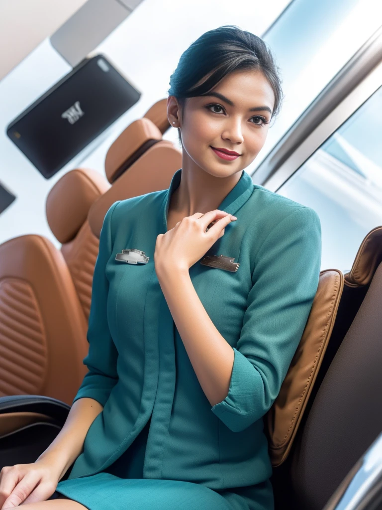 1girl, solo, 19 years old, in the middle of a large airport, seductive pose, thick medium breasts, semi-curvy body, smooth realistic skin, cute little smirk, wearing flight attendant uniform, looking at the audience, (overhead shot:1.3), (zoom-out:1.4), (8k, RAW photo, best quality, masterpiece: 1.4), (realistic, realistic: 1.37), ultra-high resolution, cowboy shot