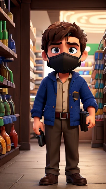 A man enter a shop he is face was cover in mask and his hand for a small tiny pistol