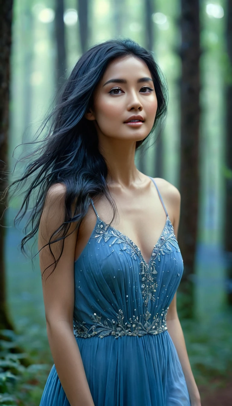 Subject:
Young Woman:
Pose: Facing forward with a serene expression.
Features: Long, flowing hair gently blowing, wearing a delicate, flowing dress in shades of blue.
Expression: Calm, with a slight, mysterious smile.
Background:
Forest Scene:
Theme: Entirely in blue hues, creating an enchanting, dreamlike atmosphere.
Elements: Tall trees with soft blue foliage, a gentle mist hovering at ground level.
Lighting: Moonlight filtering through the trees, casting soft shadows and illuminating the scene in a magical glow.
Details:
Atmosphere:
Ethereal and mystical, evoking a sense of tranquility and wonder.
Tiny sparkling lights (like fireflies) scattered throughout the scene, adding a magical touch.
Composition:
Focus: The woman is central in the frame, with the forest as a beautiful backdrop.
Color Palette: Various shades of blue, from deep navy to soft azure, with hints of silver to accentuate details.
Mood:
Captivating and enchanting, inviting viewers into a serene, otherworldly forest., ultra hd, realistic, vivid colors, highly detailed, UHD drawing, pen and ink, perfect composition, beautiful detailed intricate insanely detailed octane render trending on artstation, 8k artistic photography, photorealistic concept art, soft natural volumetric cinematic perfect light