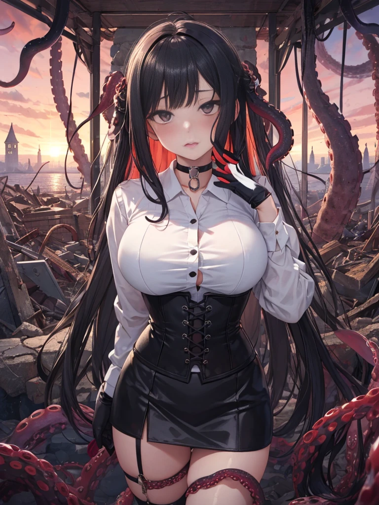 A girl、big breasts，black eyes, close left eye, many details、pretty girl，largeeyes, long black hair. The background is complex、The face is close to the audience, blush rojo, frustration expression, show teeth, milky, choker:1.6, (white long sleeve button down collar shirt), black gloves, gloves that cover hands, (black leather corset), (black miniskirt), Giant octopus catches the maiden、long dress，The tentacles grab the arm.，The tentacles wrap around the crotch.、tentacles grasp the buttocks、tentacles grasp the legs，underwater、20+tentaculata，There are many smaller eyes on the tentacles.，black castle background，octopus tentacles，The tentacles are covered with eyes.，tentacles wrap maiden，many detailss，dark castle background，Black lingerie stockings，tentacles wrap around the body，The body is wrapped in many tentacles.，A large amount of colored mucus.，bust，Face close to the camera .，adolescente bonita imprisoned in the ruins of a building, wind, bright red sky、see the viewer, Lens flare,dramatic, Bruises all over the body.、tentacles, tentacle sex, vaginal, legs tied with tentacles, arms tied to tentacles, Tentacle shackles arms, blush,